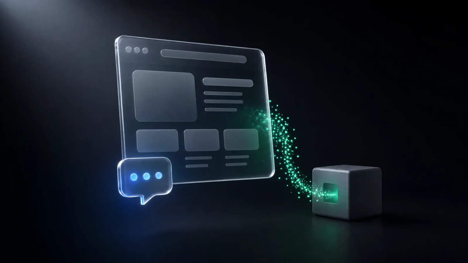 Glassmorphic website with AI chat bubble and data flowing into a smart system illustration