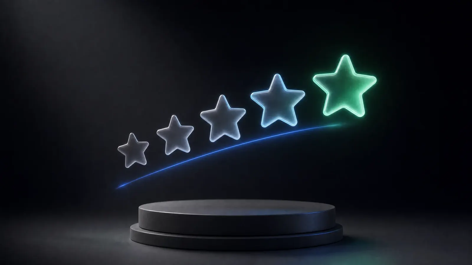 Glowing five-star review trail rising to a bright green star above a podium