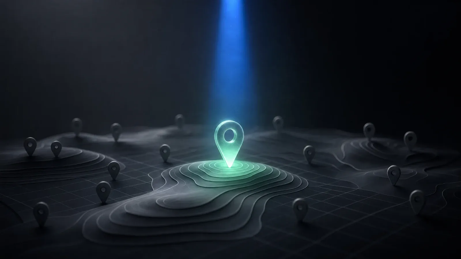 Glowing map pin marking a business location among contour lines and other location pins